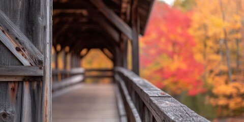 Obraz premium Rustic wooden bridge with autumn foliage backdrop