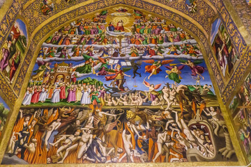 Wall painting in Vank Cathedral in Isfahan, Iran. It depicts heaven and hell. Hell and torment of sinners are at bottom. Heaven, Jesus and righteous are at top. Painting was made around the 1650s
