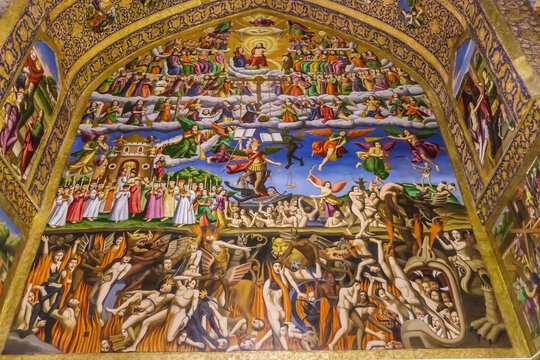Wall painting in Vank Cathedral in Isfahan, Iran. It depicts heaven and hell. Hell and torment of sinners are at bottom. Heaven, Jesus and righteous are at top. Painting was made around the 1650s