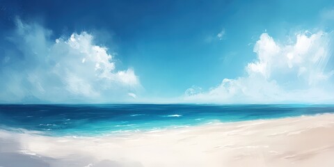 Fototapeta premium A breathtaking seascape with a deep blue sky adorned by wispy clouds, over vibrant light blue-green waters. Gentle waves dance along the horizon, reflecting the serene beauty of nature in an exquisite
