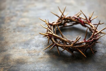 Fototapeta premium The crown of thorns worn by Jesus, set against a black backdrop with window light, offering copy space, ideal for Christian backgrounds or Easter themes