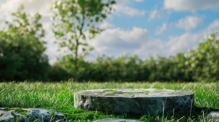 Natural stone platform on green grass meadow with wildflowers and blurred forest background