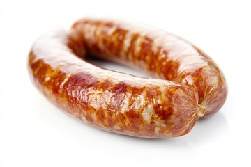 A close-up shot of a juicy sausage on a white background