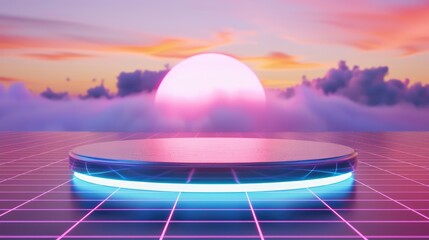 Retrowave sunset background with glowing neon grid and futuristic platform display for product showcase