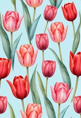 Fototapeta premium Seamless Pattern of Pink and Red Tulips on Light Blue Background