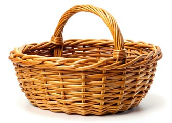 Handcrafted vintage wicker basket, isolated on a minimalist white background, showcasing its rustic texture and woven detail.