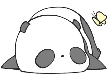 Baby panda lying on its stomach looking up at butterflies