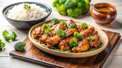 Savory Glazed Chicken Bites with Steamed Rice and Broccoli Garnish, a Delicious and Appealing Culinary Presentation
