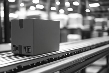 Industrial manufacturing process scene with a box being transported on a conveyor belt
