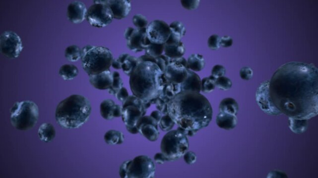 Raw juicy blueberries exploding and flying in super slow motion. Blueberry drops after explosion. High speed 1000fps vertical video