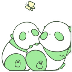 Baby pandas leaning on the wall and looking up at butterflies (green)