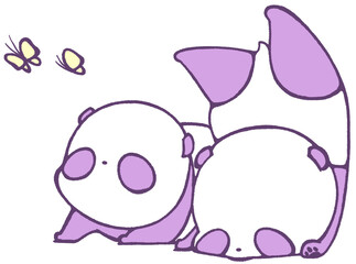 A baby panda falls on its face and falls upside down, and a baby panda looks up at a butterfly (purple)