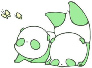 A baby panda falls on its face and falls upside down, and a baby panda looks up at a butterfly (green)
