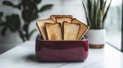 Toasted bread slices in a red toaster on a marble table with houseplants