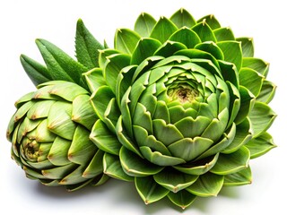Obraz premium High-resolution food photography showcases a fresh green artichoke and its flower, stark against a white backdrop.