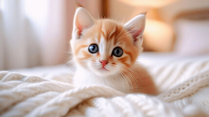 Kitten on wool blanket, cute and funny animals