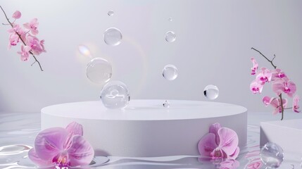 Elegant white podium with floating water bubbles and pink orchids on light background for cosmetic product display