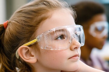 A young girl wearing goggles and glasses, suitable for various situations where she needs protection or style