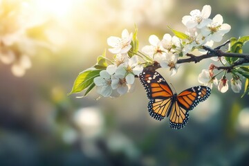 A monarch butterfly rests on a branch of a tree, showcasing its distinctive orange and black colors