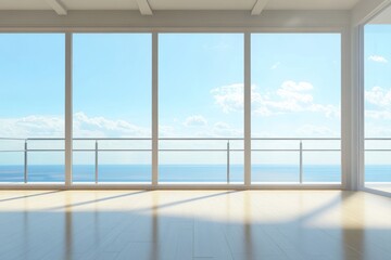 Fototapeta premium Ocean view apartment, sunny day, minimalist interior design, real estate