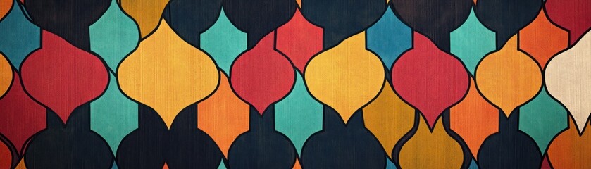 Colorful and intricate pattern features repeating shapes with black outlines