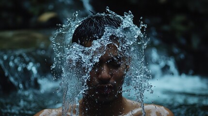 Fototapeta premium A man immersed in a waterfall, water splashing around him, surrounded by lush greenery, capturing a moment of tranquility and nature's beauty