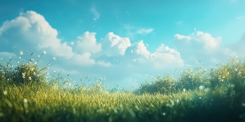 A lush, emerald-green field under a cerulean sky dotted with fluffy white clouds. Soft blades of grass dance gently on a breezy day