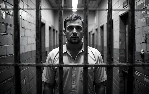 Black and white shot of Prisoner in jail