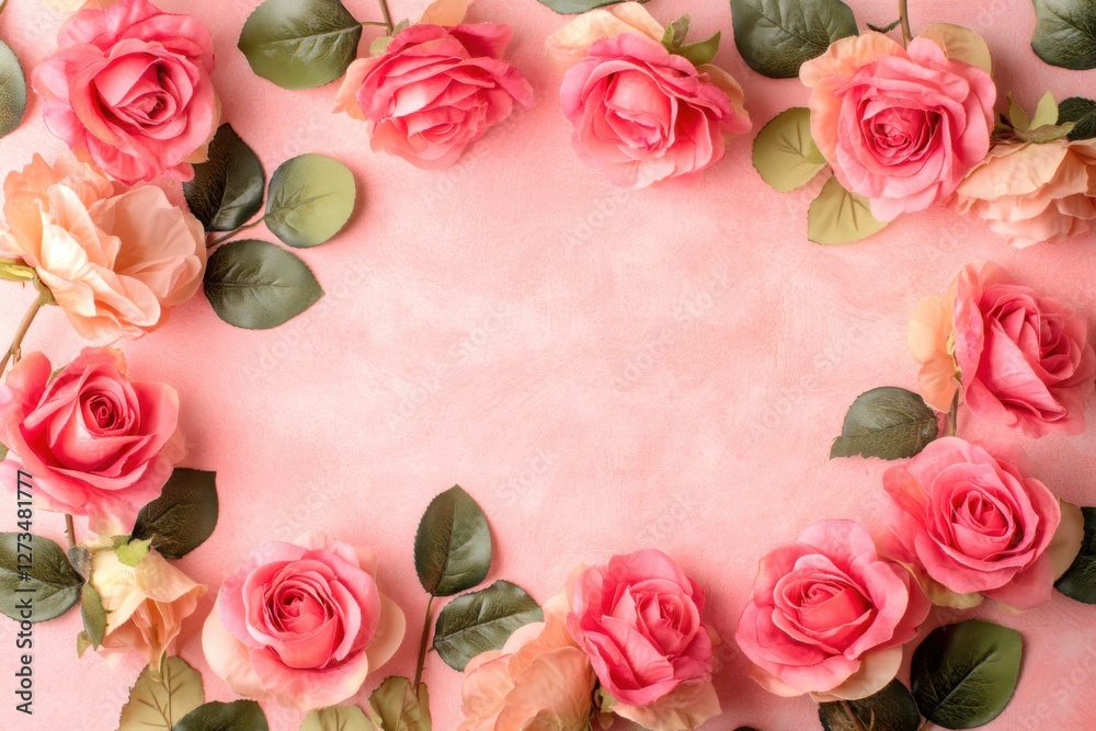 Poster pink roses on a pink background with empty space in the center for text or design, top view. floral 
