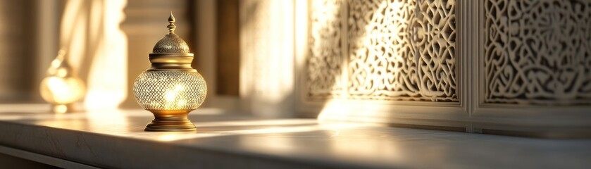 Illuminated Lantern Rests on Marble Near Intricate Carving