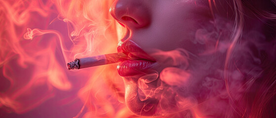 Fototapeta premium Intense close-up of a woman with glossy lips smoking in a vibrant, smoky atmosphere during twilight