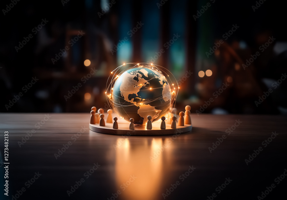 Poster shenzhen, china - unknown date : a glowing globe is encircled by small wooden figures on a round bas
