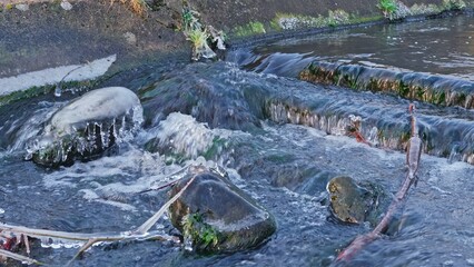 Fototapeta premium Crystal Clear Frozen Icicles Formed on Rocks an Plants at Mountain Rapid Water Stream on Cold Winter Morning