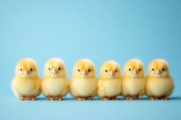 Small Easter chickens arranged in a row, displayed on a blue background