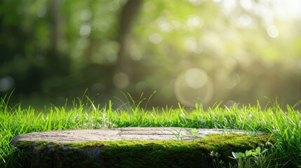 Background with natural stone podium in green grass under sunlight bokeh for eco-friendly product display