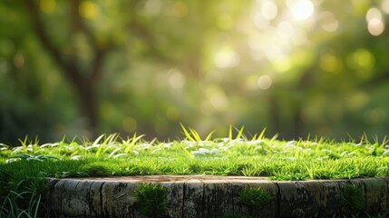 Fototapeta premium Background with natural stone podium in green grass under sunlight bokeh for eco-friendly product display