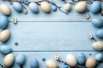 Obraz premium Willow branches and decorations accompanied by Easter eggs on a light background, embodying a Happy Easter flat lay theme