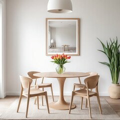 Modern Light Wood Dining Room Interior with Tulips