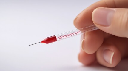 A person applying a blood sample to a glucose test strip. Featuring personal health care