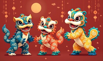 Colorful cartoon style lion dancers celebrate in vibrant hues, perfect for Lunar New Year and cultural-themed designs.