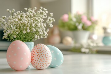 Obraz premium The shiny wooden table is set with Easter decorations such as an Easter bunny, eggs in a basket, and a cabbage leaf for the Easter season