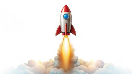 Red Rocket Launching on White Background