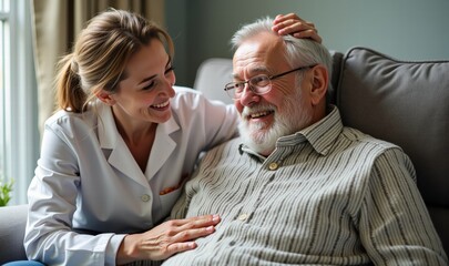 A compassionate caregiver shares a joyful moment with an elderly man, highlighting the importance of empathy in healthcare and senior care.