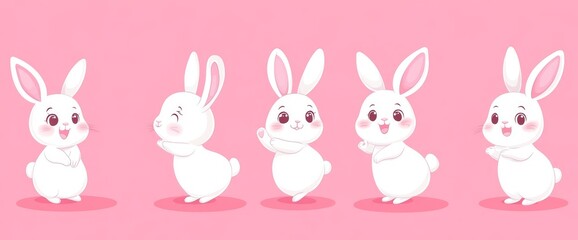 A modern set of cute white rabbits in different poses, accompanied by carrots, balloons, ribbons, and flowers. These hand-drawn animal characters are ideal for decorative purposes, cards, and kids'