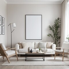 Modern Minimalist Living Room Interior with Blank Frame Mockup