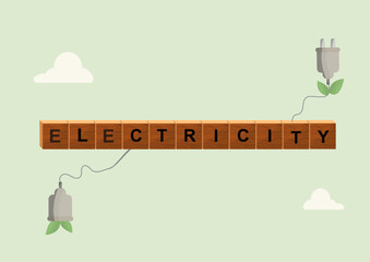 Sustainable Electricity Concept with Eco-Friendly Plugs. electricity with wooden block letters, eco-friendly plugs, and leaves, symbolizing renewable energy and sustainability. Vector illustration