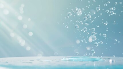 Glass cosmetic podium with water drops on light blue background for product mockup display