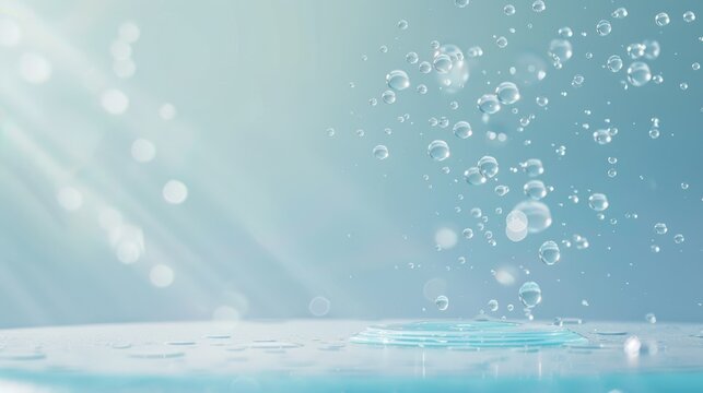 Glass cosmetic podium with water drops on light blue background for product mockup display