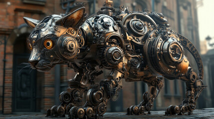 Stylized metal steampunk mechanic robots animals machine steam gear insect punk art machinery vector illustration.