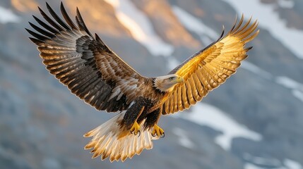 Obraz premium Majestic Eagle Soaring In Golden Light Above Mountains